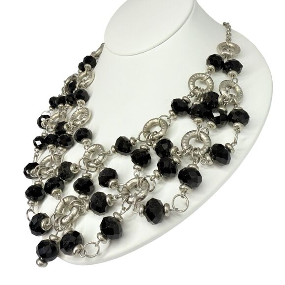 Sparkly Black Beaded Drape Necklace 21" Statement Bib Silver-Tone Formal Jewelry - Picture 2 of 11